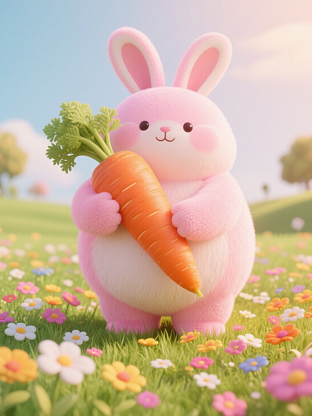 3D卡通风格，拟人化可爱兔子手捧胡萝卜，置身花海，清新自然，充满童趣。