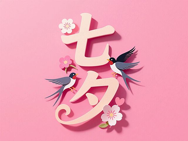 竖向浅色文字"七夕"，线条流畅，纸雕艺术字。创意字体设计点缀两只喜鹊、花朵元素，童趣活泼。粉色背景，浪漫七夕氛围。