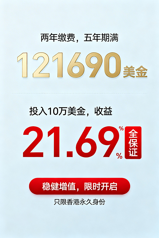 金融理财海报，风格简约柔和，浅灰蓝色背景，所有字体尺寸适中偏小，上方标注“两年缴费，五年期满”，中间是金色数字“121690美金”，下方标注“投入10万美金，收益21.69%”，旁侧添加红色加粗“全保证”，底部红色按钮写“稳健增值，限时开启”，最下方小字“只限香港永久身份”