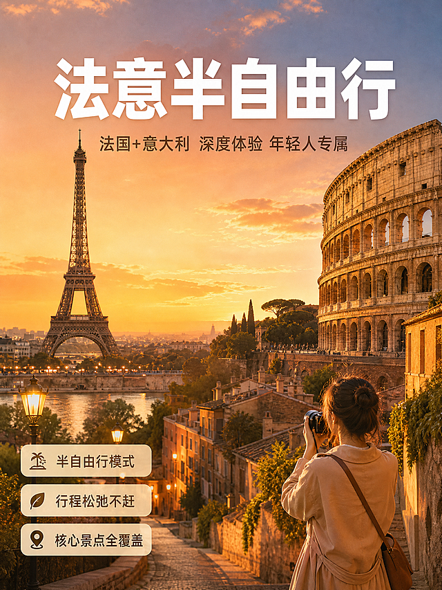 [主图-1] 法意半自由行主题首图，吸睛展示法国意大利双城旅行氛围，突出半自由行模式与年轻人友好的松弛感旅行体验。
[统一基调] 小红书氛围感旅行大片质感，暖调高级，整体以暖金色、落日橙、米白、深棕为主色，标题字用白色或暖金色粗体无衬线字体，辅助字用浅米色或深棕色，卡片用半透明暖白圆角矩形，整体光影柔和温暖，适合朋友圈和小红书竖版3:4广告。
[画面] 画面采用满版旅行大片构图，左侧是巴黎埃菲尔铁塔黄昏远景，右侧是意大利罗马斗兽场或佛罗伦萨老城暖金色街景，中间用柔和的光影过渡连接法意两国场景。画面下方偏右位置有一位年轻女性旅行者背影，穿着简约米色风衣，手持相机望向远方，人物占比约20%，不遮挡核心景观。天空呈现粉橙渐变的落日色调，建筑被暖金色夕阳光照亮，街道有温暖的街灯光斑，整体充满电影感旅行氛围。
[光影质感] 黄金时刻暖调自然光，主光从侧后方打来，建筑边缘有金色轮廓光，地面和墙面有柔和的长阴影，整体画面通透有空气感，旅行大片电影质感，色调温暖高级不艳俗。
[配色] 主色暖金色、落日橙、米白色、深棕色，点缀少量巴黎蓝和托斯卡纳绿，整体暖调统一，高级氛围感。
[文字版式] 画面上方居中位置放置主标题，大号白色粗体无衬线字"法意半自由行"，下方小字副标题"法国+意大利 深度体验 年轻人专属"。画面左下角放三个圆角小标签，分别写"半自由行模式""行程松弛不赶""核心景点全覆盖"，标签用半透明暖白色底，深棕色文字，圆角8px。文字都放在天空或建筑负空间，不遮挡人物和核心景观。
[输出要求] 竖版3:4比例，画面清晰，文字清晰可读，旅行大片质感，暖调高级。禁止变形、错字、模糊、杂乱、水印、平台Logo、人物面部扭曲、建筑比例失真。