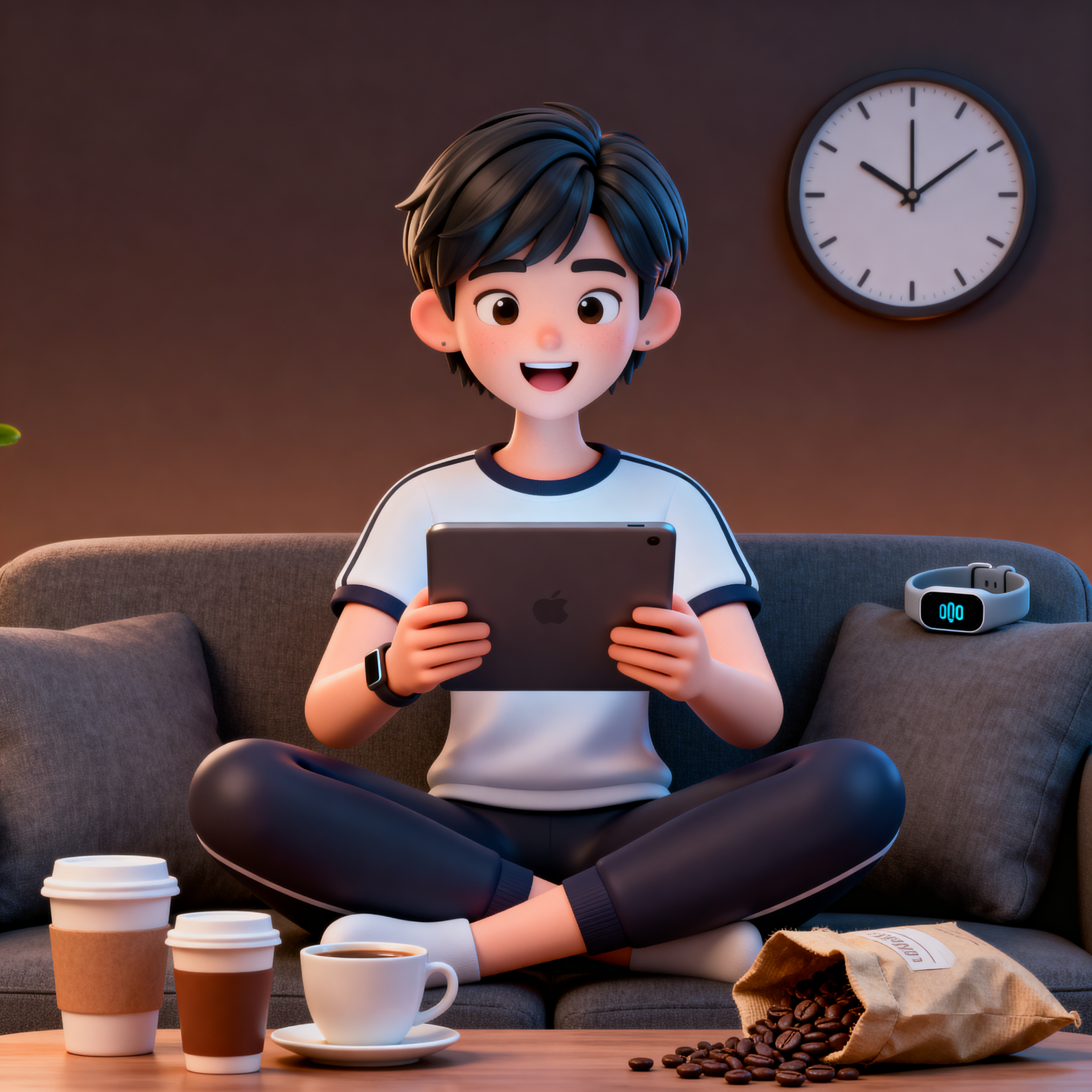 精力充沛的年轻中性形象人物，短发清爽，穿着休闲运动装，盘腿坐在… - 图片创意预览