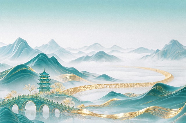 将图中的单孔拱桥替换为多孔拱桥（多拱洞的古拱桥），保持桥的青绿色国潮风格与金色描边质感，与整体山水画面风格统一，其他所有内容（古塔、青绿山水、金色飘带、云雾、树木、水面倒影等）保持完全不变，画面精致高级，融合自然