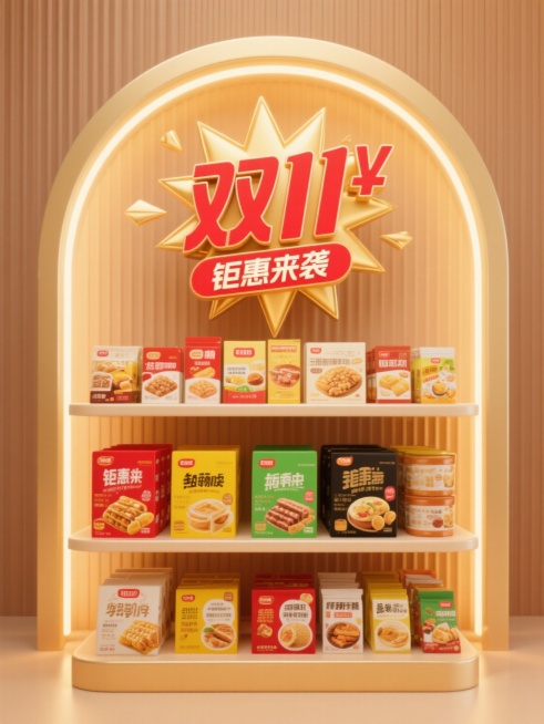 3D渲染风格的电商促销货架海报，暖金色调为主，顶部弧形灯带提供明亮柔和的正面光源，背景为浅棕色竖条纹肌理。主体是三层开放式货架，每层摆放多种包装食品，包装色彩丰富（红、黄、绿、黑为主），产品正面朝向观众，部分商品旁有实物展示图。顶部中央位置有醒目的红色“双11”艺术字，配以金色爆炸形促销符号和“钜惠来袭”字样，视觉层级清晰，促销信息突出。整体构图对称平衡，光线均匀，营造出温馨且具有吸引力的购物……预览效果
