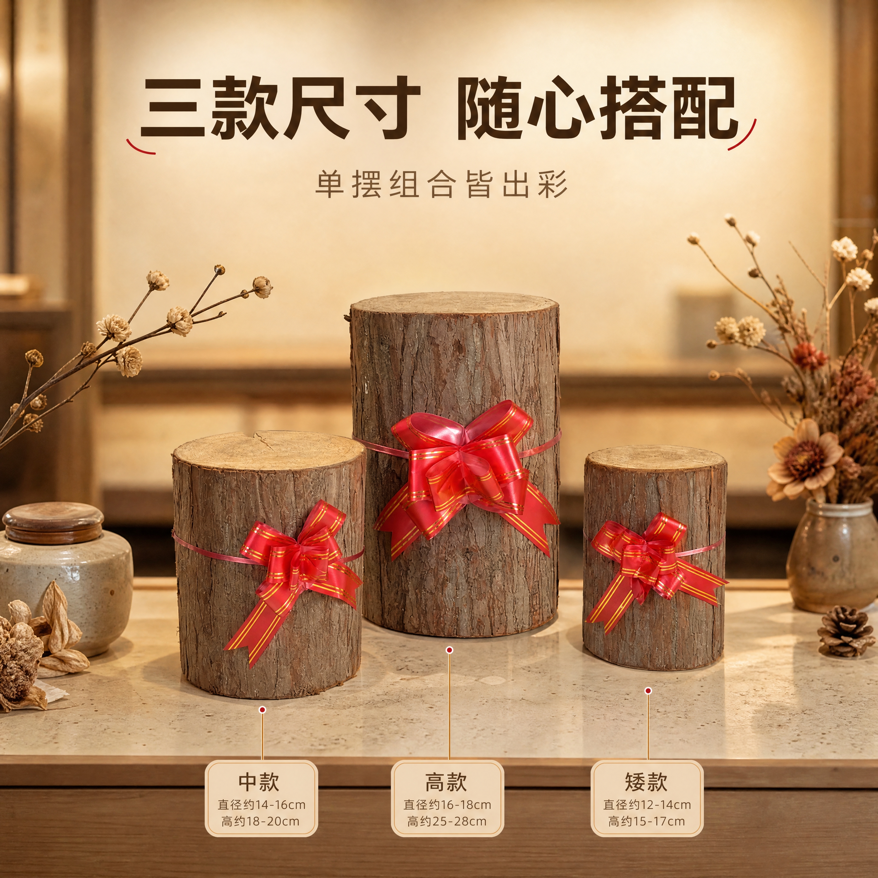 [商品] 使用【图4】三款不同高度杉墩木段红绳花摆件；保留高/… - 图片创意预览