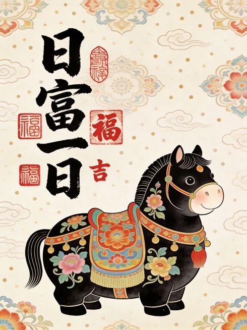 圆润可爱的胖马形象，装饰花纹鞍具，背景浅米色带点状肌理，左侧有“日富一日”书法字体及多个红色“福”“吉”印章，风格喜庆萌趣，充满中式吉祥寓意预览效果