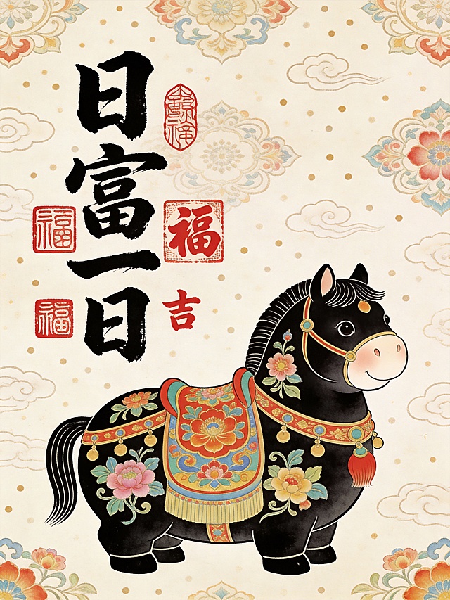 圆润可爱的胖马形象，装饰花纹鞍具，背景浅米色带点状肌理，左侧有“日富一日”书法字体及多个红色“福”“吉”印章，风格喜庆萌趣，充满中式吉祥寓意