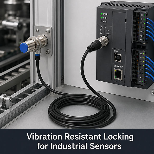 [Usage Scenario 2] Industrial sensor power extension scenario. Keep original product appearance. Show this threaded locking DC cable connected between an industrial proximity sensor and the controller power input in a factory automation machine. Clean machine control panel environment. Add text "Vibration Resistant Locking for Industrial Sensors" at bottom. All text in English. 1:1 square.
