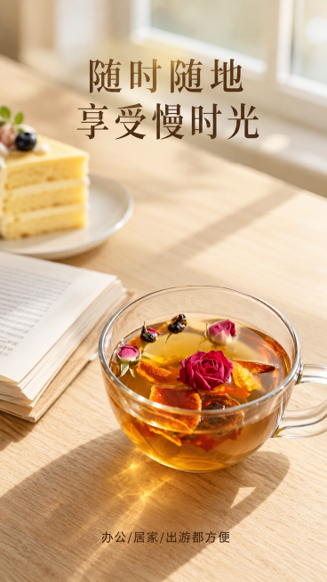 [第5屏] 玫瑰花茶日常饮用场景展示屏。
[氛围/风格] 温馨下午茶场景，温暖治愈，生活化氛围，真实自然不刻意。
[元素布局] 本屏使用【图1】的玫瑰花茶杯放置在浅原木办公桌面上，桌面搭配一本摊开的书预览效果
