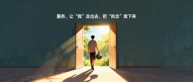 服务，让“我”走出去，把“执念”放下来
根据上述文字的意思，生成比例尺寸为2.35:1，符合内容的公众号首图。