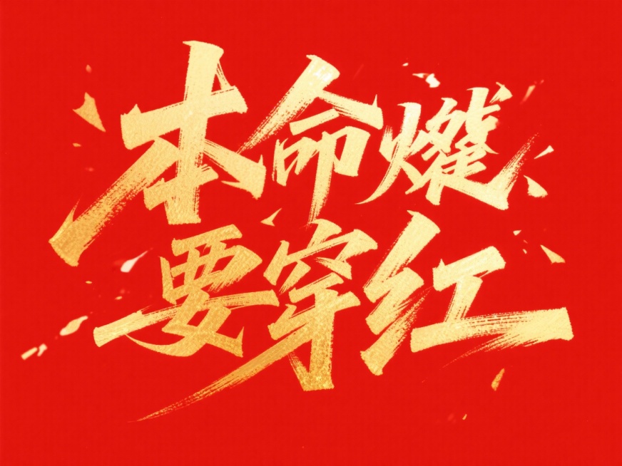 笔势硬朗的超燃字体“本命要穿红 ”，红色背景，金色字体预览效果