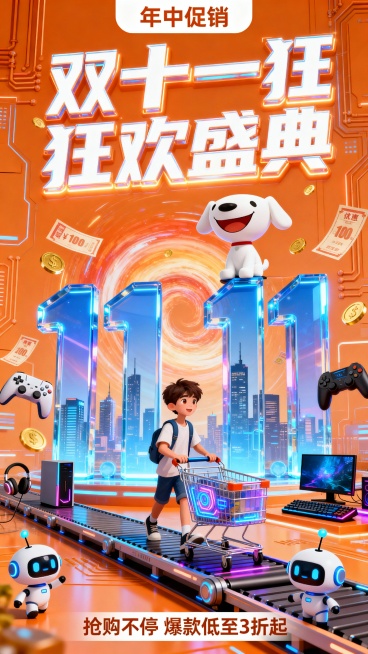 竖版画面，背景为橙色科技芯片结构，具有未来感和高科技氛围。画面中央为巨大立体数字“11.11”，数字为蓝色渐变玻璃质感，发光透明，内嵌城市高楼剪影，节日漩涡背景，视觉冲击感强。顶部大字“双十一狂欢盛典预览效果