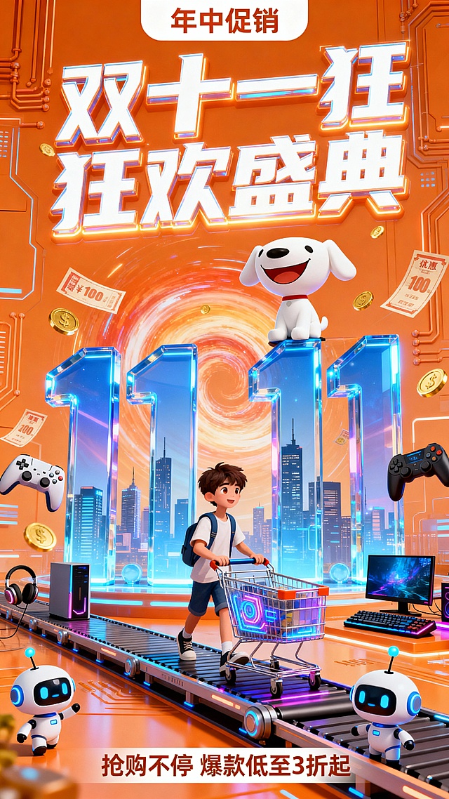 未来感与科技感交织的3D动漫风海报，融合霓虹灯与粒子特效，玻璃质感数字“11.11”悬浮于虚拟现实场景，卡通角色推车购物，机器人伴行，营造狂欢促销氛围。