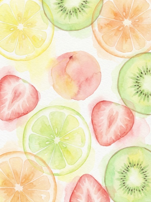 清新风格的水果切片质感背景，色彩柔和明快，有水彩晕染质感预览效果
