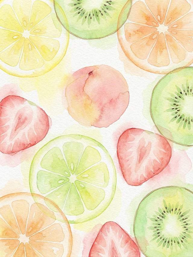 清新风格的水果切片质感背景，色彩柔和明快，有水彩晕染质感