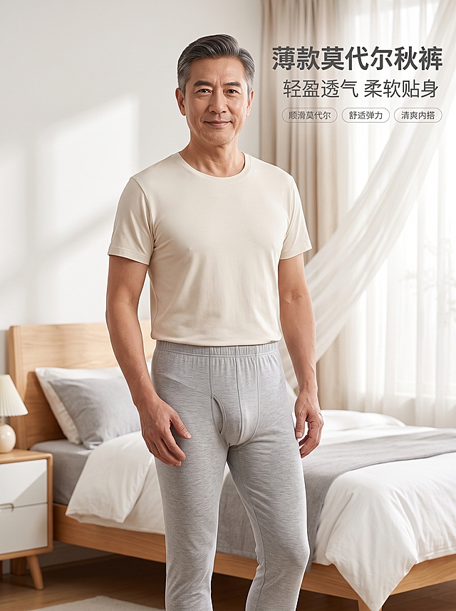 【主体保护指令】请保持参考图 1 中【男士薄款莫代尔秋裤】的款式、颜色、材质、剪裁、版型与原图一致，不做改动或再创作。画面其余元素（模特、场景、光影、构图）按后续描述生成。

超写实商业摄影风格，高品质电商主图质感，核心调性为舒适、居家、亲肤、修身，体现中老年男士穿着的自在与得体。

东亚中老年男性，年龄约55-65岁，体态匀称挺拔，皮肤自然有岁月质感，肤色偏暖调，肤质细腻有真实肌理。短发，发型整洁利落，发色以自然黑灰为主。面部轮廓清晰，五官端正，眼神温和从容，表情自然放松，略带亲和的微笑，整体气质沉稳、儒雅、亲切。站姿自然松弛，一手轻搭在身侧或微弯置于身体前方，另一手自然垂落，重心微偏，肩线放松，身体正面朝向镜头，姿态舒适自在，体现居家休闲感。

服装以参考图 1 为准，完整保留款式、颜色、材质、剪裁、版型等一切细节。薄款莫代尔面料，轻盈透气，柔软贴身，修身不紧绷，穿着舒适方便，体现顺滑亲肤的质感与弹力贴合效果。模特上身搭配简约纯色圆领短袖T恤，色调柔和，与秋裤整体居家风格协调统一。

居家室内场景，温馨明亮的卧室或起居空间，浅色调家居环境，柔和的木质家具与布艺元素，背景简洁干净，色调温暖柔和，与主体人物形成舒适的视觉层次，整体氛围宁静、放松、有生活气息。

柔和自然的布光方式，主光从侧前方45度角均匀打亮人物，光线柔和不刺眼，辅助光补充暗部细节，减少生硬阴影，轮廓光轻柔勾勒身体线条，光影过渡自然细腻，突出莫代尔面料的柔软质感与修身效果。

超高清2K画质，细节层次丰富，发丝、肌肤纹理、服装面料纹理都清晰可见，色彩还原真实自然，饱和度适中，对比度柔和，整体质感高级真实，如专业商业摄影大片。

写实商业人像摄影风格，参考高端内衣家居品牌广告调性，画面干净通透，氛围温馨舒适，突出产品的舒适感与穿着效果。

全身景别，3:4竖幅构图，标准镜头焦段，机位与人物腰部齐平，人物居中偏下，上下留有适度空间，构图均衡自然，完整展示服装上身效果与整体穿着形态。