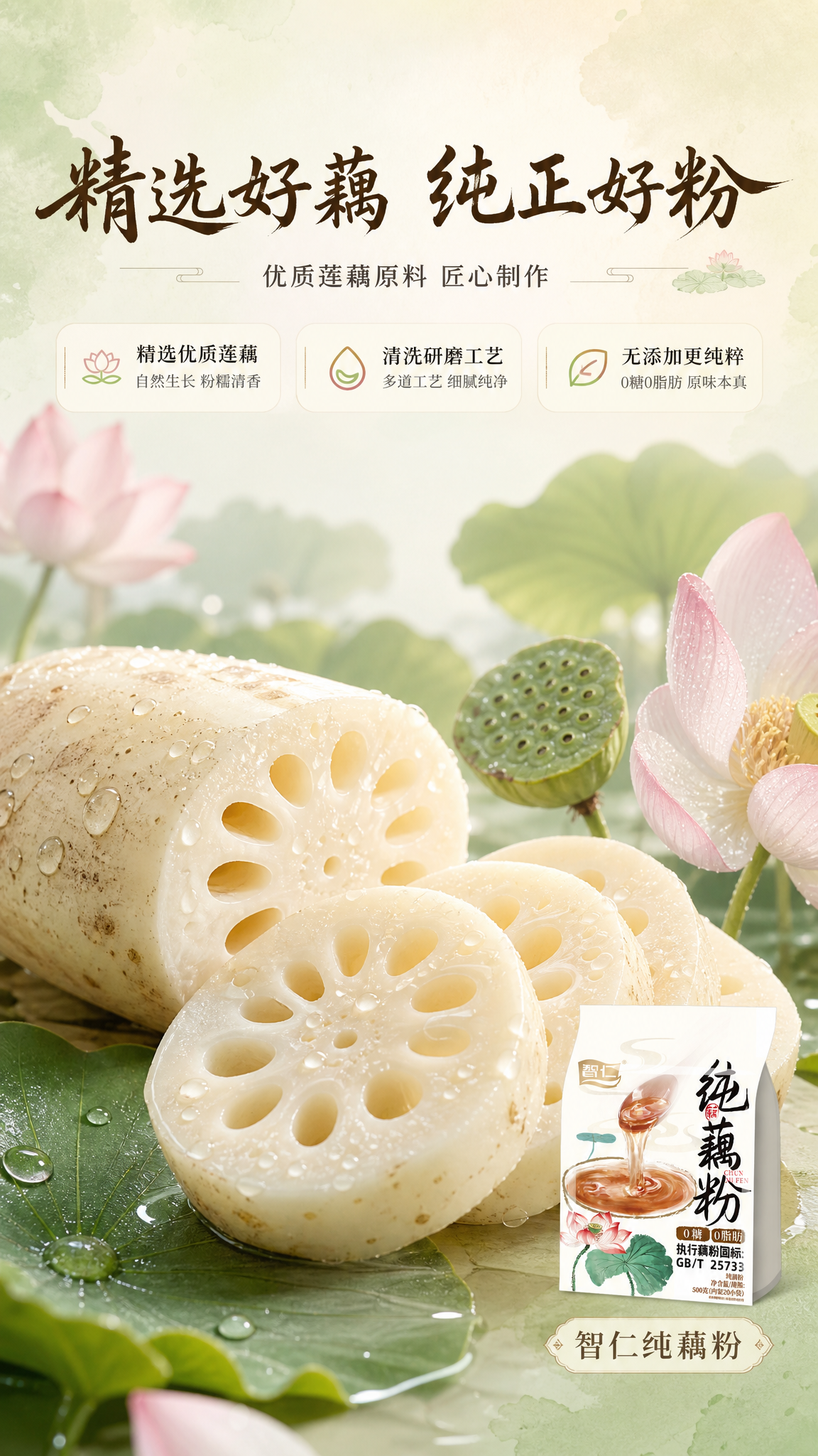 [商品] 原料品质页，展示莲藕原料天然纯净。画面主体为新鲜莲藕… - 图片创意预览
