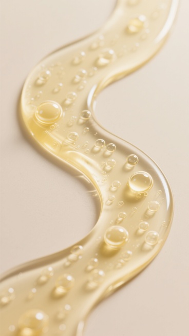 淡黄色透明精华液在浅米色背景上形成流动的波浪形态，表面布满大小不一、晶莹剔透的气泡，部分气泡聚集形成饱满的圆形，液体边缘呈现光滑的曲面光泽，整体画面展现出细腻的质感和轻盈的流动性，光影柔和，高光处折射出明亮的光泽，营造出纯净、水润、高端的护肤产品氛围。预览效果