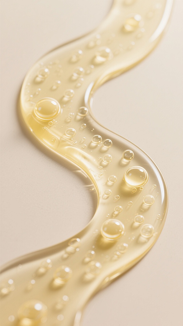 淡黄色透明精华液在浅米色背景上形成流动的波浪形态，表面布满大小不一、晶莹剔透的气泡，部分气泡聚集形成饱满的圆形，液体边缘呈现光滑的曲面光泽，整体画面展现出细腻的质感和轻盈的流动性，光影柔和，高光处折射出明亮的光泽，营造出纯净、水润、高端的护肤产品氛围。