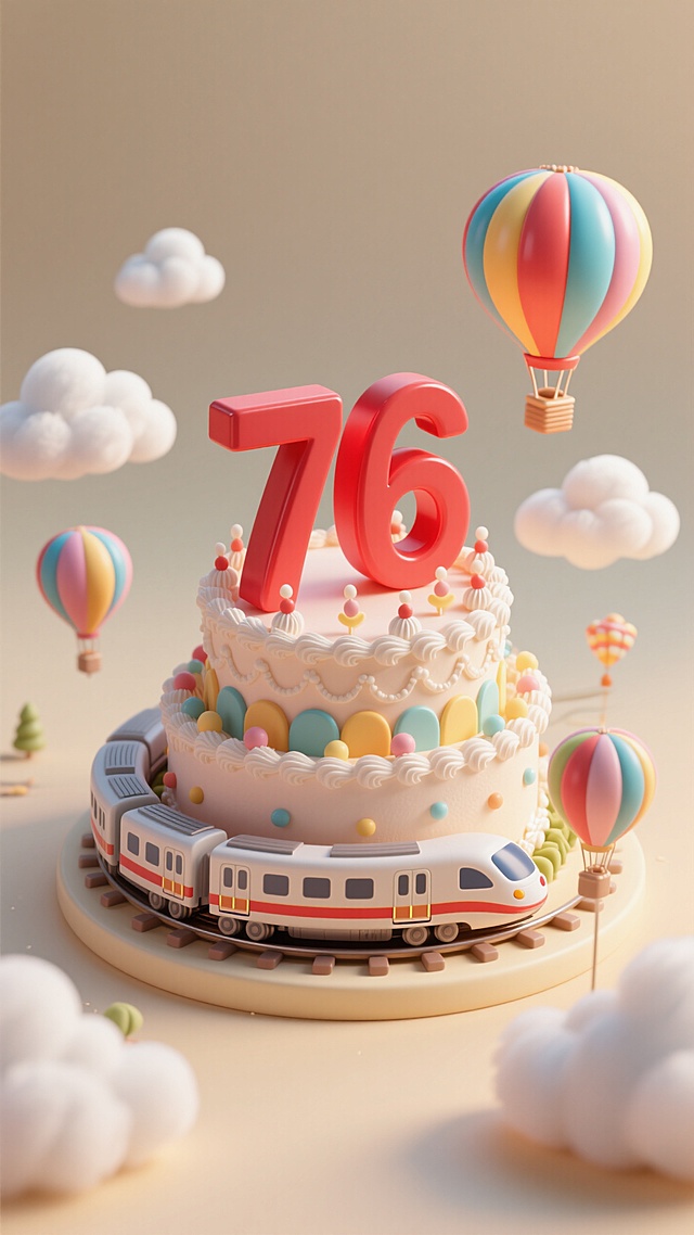 米色背景，精致的多层蛋糕（一层围绕着动车装饰）上面有红色立体数字”76“，周围热气球、云朵装饰