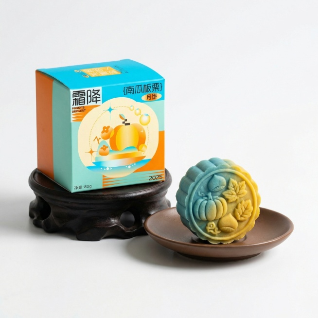 按照图一的包装展开图生成一个方形包装盒，包装盒旁边摆放着一块精致的月饼，月饼为蓝黄色渐变，带有南瓜和板栗的图案，放置在现代简约的褐色碟盏上，包装和碟盏都放在图二的石头上，整体风格现代简约，白色背景预览效果