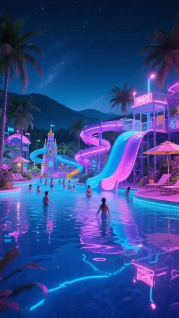 深邃星空下的夜晚奇幻水上乐园，蓝色、紫色和粉色霓虹灯光交织映照在波光粼粼的水池中，充满未来感的发光滑梯和水上设施错落有致，周围环绕着茂密的热带植物和高大的棕榈树，远处是朦胧的山脉轮廓，水面清晰倒映着绚丽的灯光，营造出神秘而梦幻的氛围，游客们在水中嬉戏玩耍，享受着夜晚的清凉与欢乐，整体呈现出赛博朋克与热带风情融合的视觉风格，色彩鲜艳饱和，光影对比强烈，充满动感和活力，水上乐园设施丰富多样，有蜿蜒……预览效果