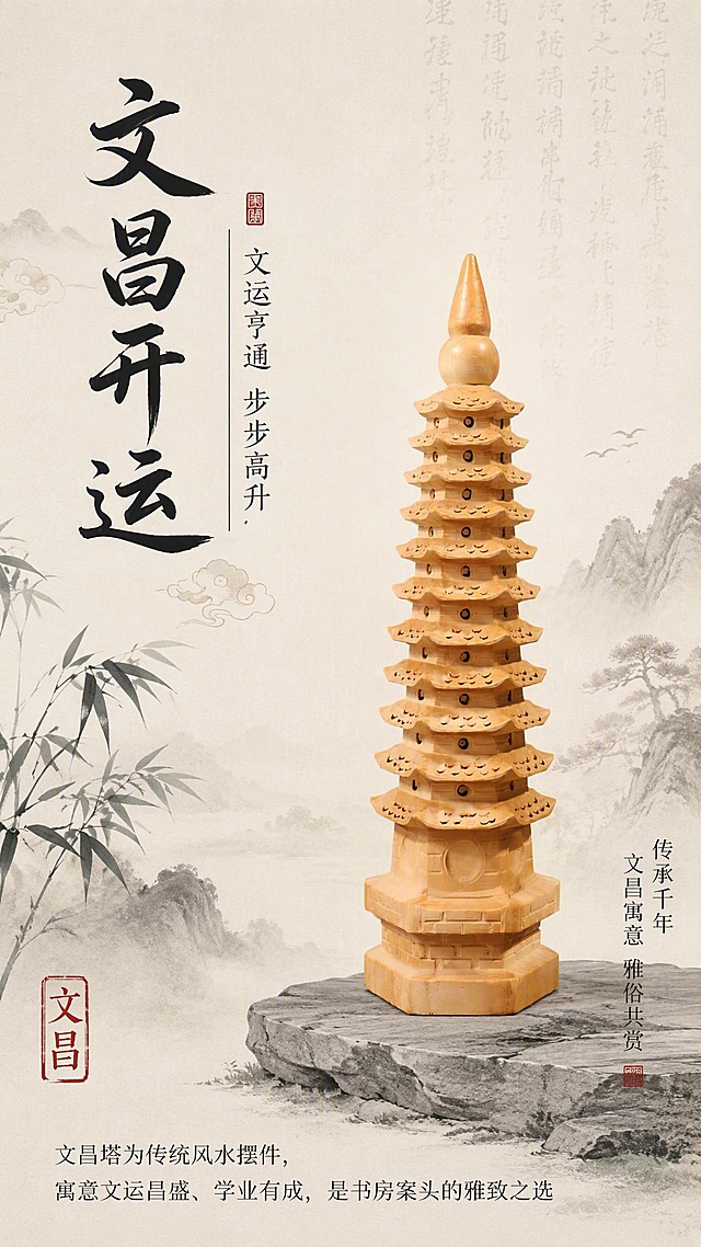 [第13张] 详情页文化寓意-文昌塔传统内涵表达。本张使用【图9】作为商品主体。
[氛围/风格] 东方文化意境风，水墨禅意，书卷气，传统文化美学。
[元素布局] 十三层桃木文昌塔置于画面右侧，占比约45%；左侧为大面积留白，配以淡墨山水晕染、几枝墨竹、飘逸祥云纹样；底部为浅灰色石台；背景为米白色宣纸质感，隐约可见毛笔书法字迹；塔身造型与输入产品图一致。
[光影质感] 柔和漫射光整体照明，塔身左侧有微弱高光，右侧自然过渡，整体清雅宁静，充满文人气息。
[配色色系] 全局底色 #FAF7F0（米白宣纸色）；主色桃木暖棕；辅助色墨黑山水、墨绿竹枝、朱红印章点缀。
[视角构图] 正面微侧视角，大面积留白构图，阅读动线左上书法标题 → 右侧塔身 → 底部文化说明。
[文字版式] 左上竖排书法体主标题「文昌开运」，下方小字副标题「文运亨通 步步高升」；右下角三行竖排小字：「传承千年」「文昌寓意」「雅俗共赏」；左下角朱红印章式「文昌」二字；底部横排小字说明「文昌塔为传统风水摆件，寓意文运昌盛、学业有成，是书房案头的雅致之选」；字体为书法体标题+宋体正文，文字不遮挡塔身主体。
[比例分辨率] 9:16 竖版比例，2K分辨率，文字清晰可辨，高清画质。
[负向提示词] 塔身变形，层数错误，颜色偏差，水印，文字错乱，文字过小，背景杂乱，产品图模糊。