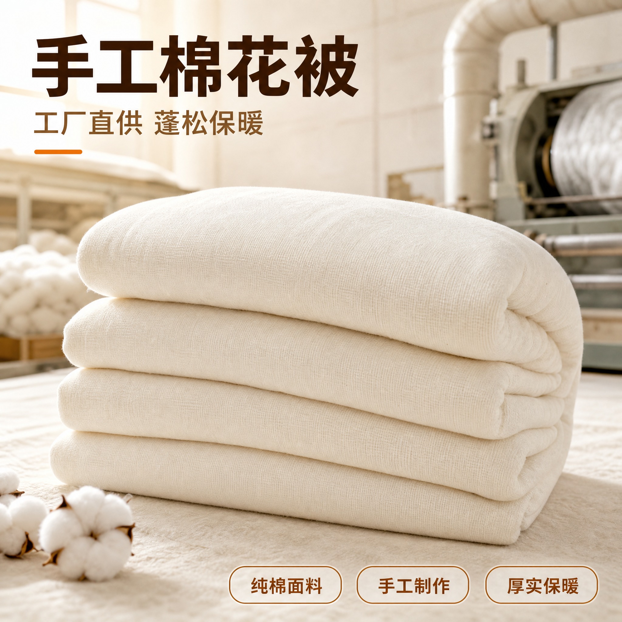 [主图-1] 棉花被 叠放蓬松展示与工厂直供氛围（吸睛首图）。… - 图片创意预览
