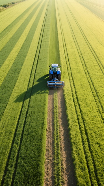 从高空俯瞰的广阔农业田野，阳光明媚下呈现出深浅不一的绿色条纹状农田，一辆蓝色拖拉机正行驶在田垄间进行作业，拖拉机后方连接着农具，在田野上留下清晰的作业轨迹，拖拉机投下长长的影子，整体画面展现出现代农业的有序与生机，光线明亮，色彩鲜明，构图采用垂直俯视角，凸显田野的广袤与农业机械化作业的场景。预览效果