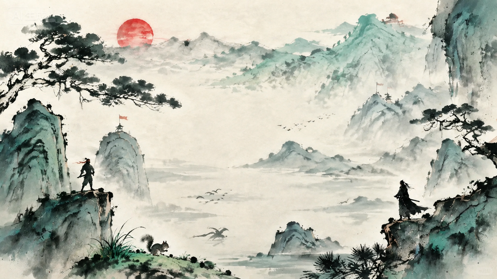 保留图二的山水场景、两侧山峰、松树、人物、飞鸟、云雾等所有画面元 - 图片创意预览