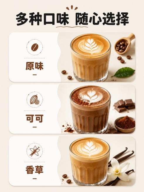[第10屏] 多口味组合展示，大华冰点咖啡多种口味可选。
[氛围/风格] 活泼丰富，食欲感强，高级商业排版
[元素布局] 三格圆角卡片竖向排列，分别展示原味、可可、香草三种不同风味的咖啡成品，每款咖啡预览效果