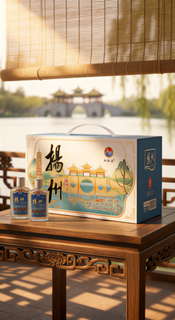 替换产品背景，将白酒礼盒和两瓶白酒放置在传统江南风格雕花木桌上，背景改为扬州瘦西湖五亭桥的模糊远景，晨光透过竹帘洒落，保持原产品的所有文字和Logo原样不变，保持主体物理结构不变，强制保留礼盒和两瓶白预览效果