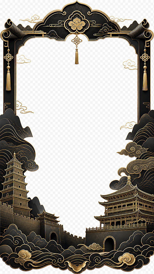 黑金色直播KT板背景，透明底，带有古风西安烫金建筑轮廓，搭配黑金色古风贴片元素，高级质感