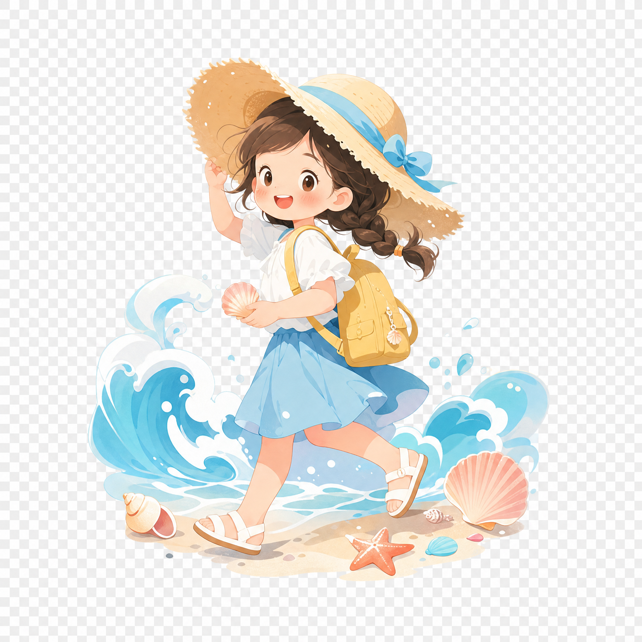 旅游中的小女孩平面插画素材，png透明背景，画面包含海浪元素和… - 图片创意预览