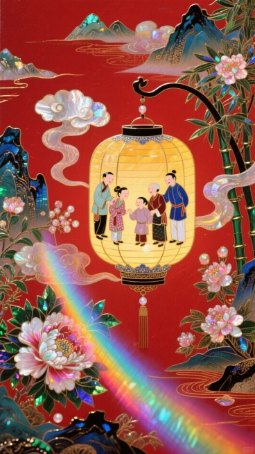 走马灯（宫廷花灯式，里面演着不同的阖家团圆的故事），祥云流动环绕整个画面，背景含大量中国风花卉元素和山水，迷幻，意识流，红色背景预览效果