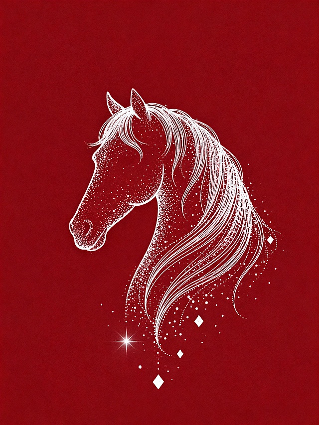 梦幻感与唯美感交织，白描线条勾勒骏马轮廓，粒子风点缀星芒，浮雕质感跃然纸上，插画风呈现优雅意境，暗红底色衬托节日祥瑞之气。