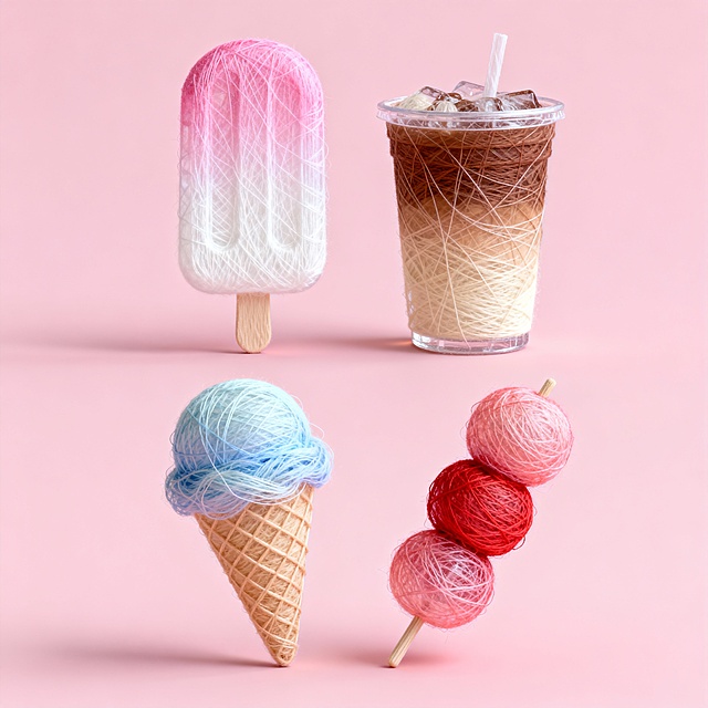 四个古典配色的素材组合，两两相对，上下整齐排列，毛线风格。素材包括：一块雪糕、一瓶奶茶、一个冰淇淋、一串糖葫芦。粉色背景。
