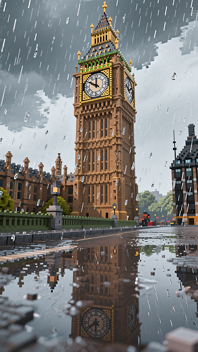 大本钟全景，雨天，鱼眼效果