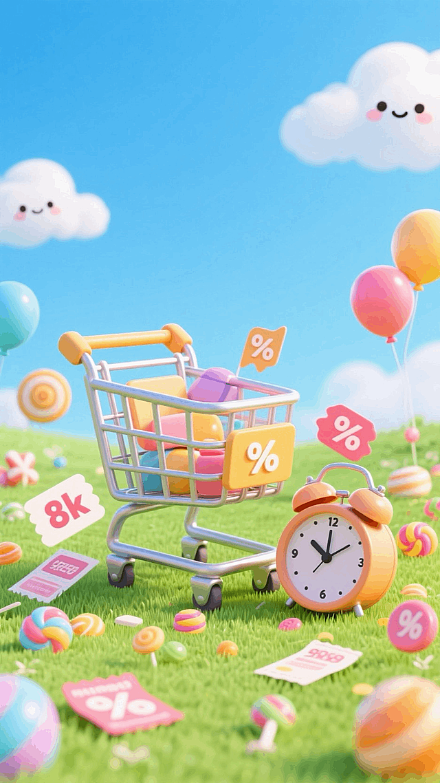 蓝天白云草地，很大的购物车，闹钟，周围很多促销元素