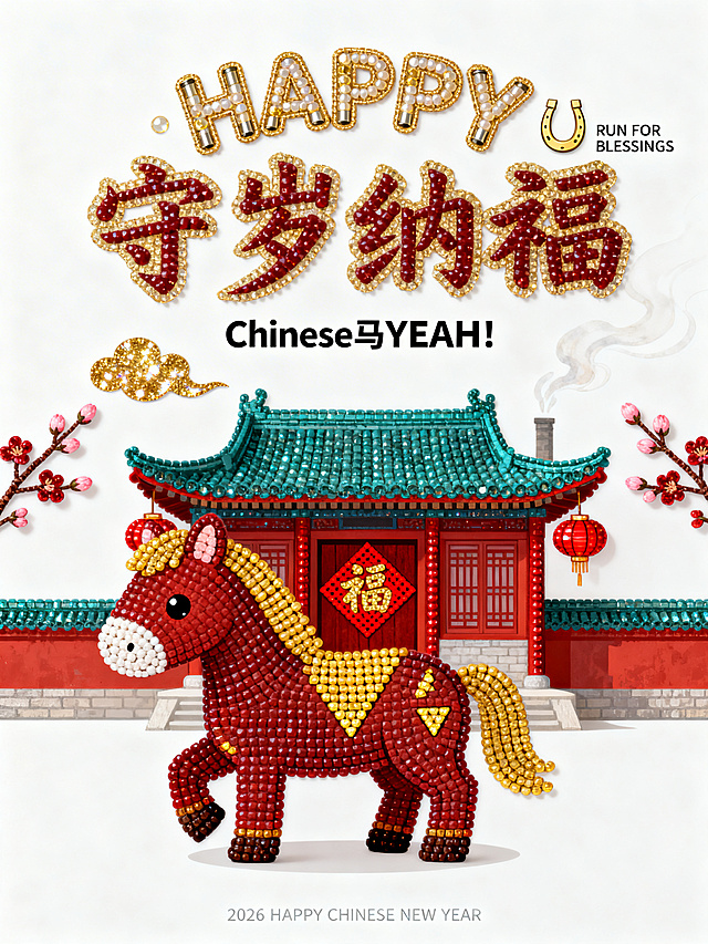 国潮风刺绣质感马年海报，重拟物珠绣工艺融合中式建筑与卡通元素，鎏金点缀，喜庆满溢，传递守岁纳福的节日祝福。