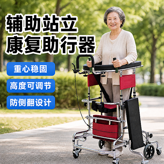 调整人物位置，将图片中的老年女士放进助行器商品里面，让红色坐垫正好垫在老年人的裆部底下，保持助行器本身的产品结构、材质、颜色完全不变，保持原产品的红色黑色银色，不改变产品本身，保留图中所有的文字文案，文字位置和样式不变，背景依然是户外公园步道，整体保持1:1的尺寸比例，自然真实，产品清晰，文字不遮挡主体，修正人物位置错误，使人物正确使用助行器，保持画面自然协调，光影不变，分辨率依然4k