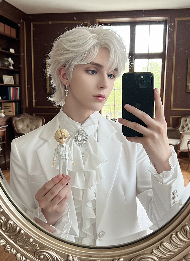 cosplayer真人写实照片，根据该图生成一张现实生活中扮演该角色的写实风格，人物所在的写实场景与原作相对应，人物一只手抬起拿着手机对着镜子正在自拍，另一只手靠近镜头托着带有与该cosplayer照片相对应的玩偶手办。手办的细节特征需精细到可清晰辨识。