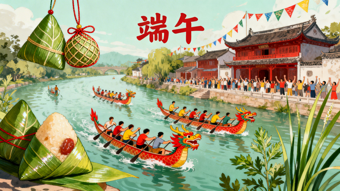 全景展示端午节热闹场景，俯仰视角呈现龙舟竞渡壮观场面，江河岸边古建筑旁，龙舟上划浆手姿态各异奋力划桨，画面中包含粽子、香囊、艾草与菖蒲，粽叶脉络清晰有深浅变化，香囊丝线有光泽编织紧密，艾草与菖蒲阴影形预览效果