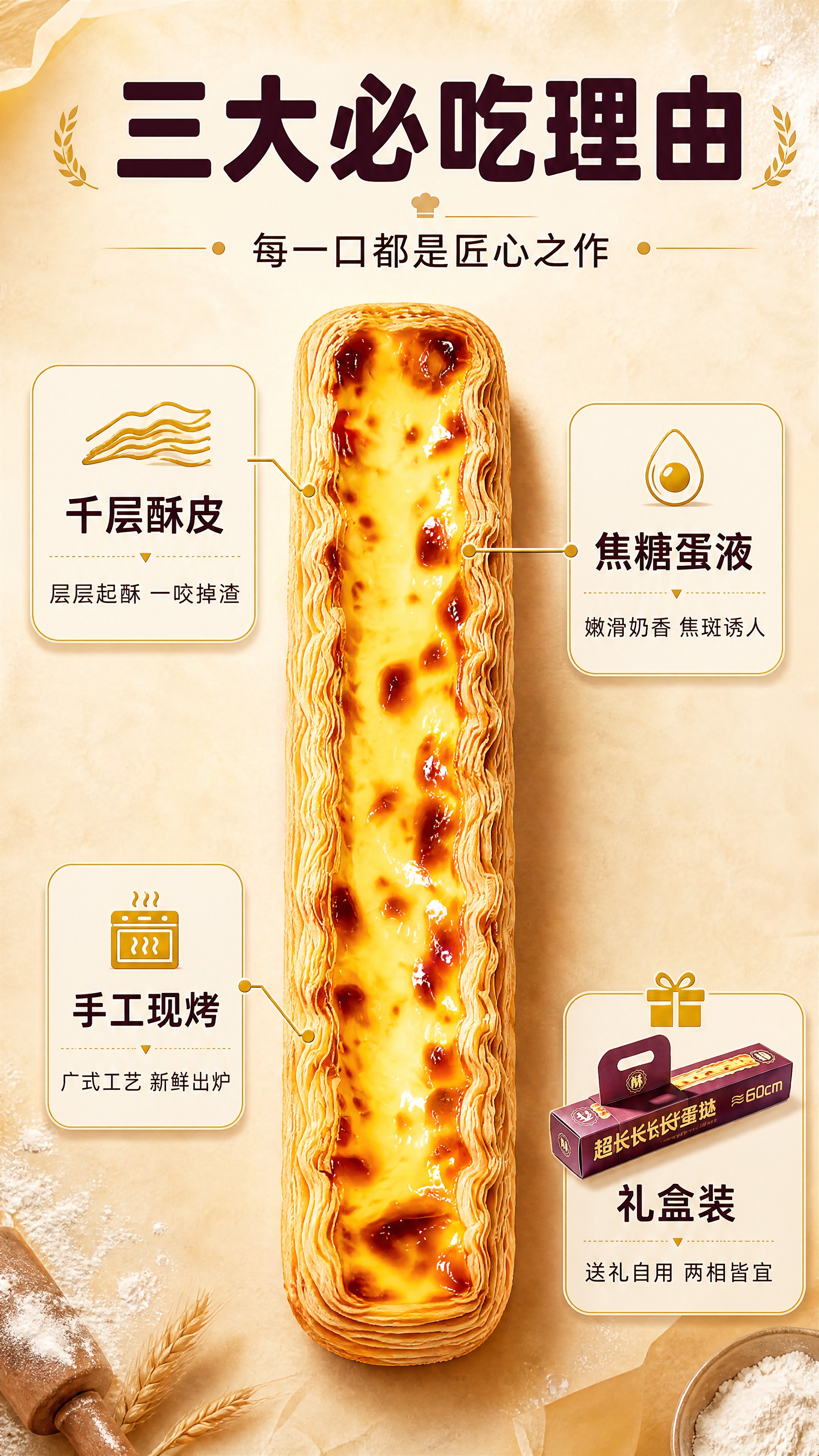 [商品] 使用【图1】60cm超长蛋挞及礼盒包装；保留蛋挞长条… - 图片创意预览
