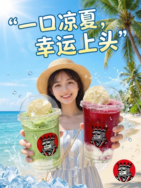 基于参考图的两杯幸运咖夏日饮品制作宣传海报，画面添加年轻女性人物，整体风格清新夏日，充满清凉感，添加宣传语“一口凉夏，幸运上头”，保留幸运咖品牌logo，背景为明亮清新的夏日场景，构图饱满适合做饮品宣预览效果