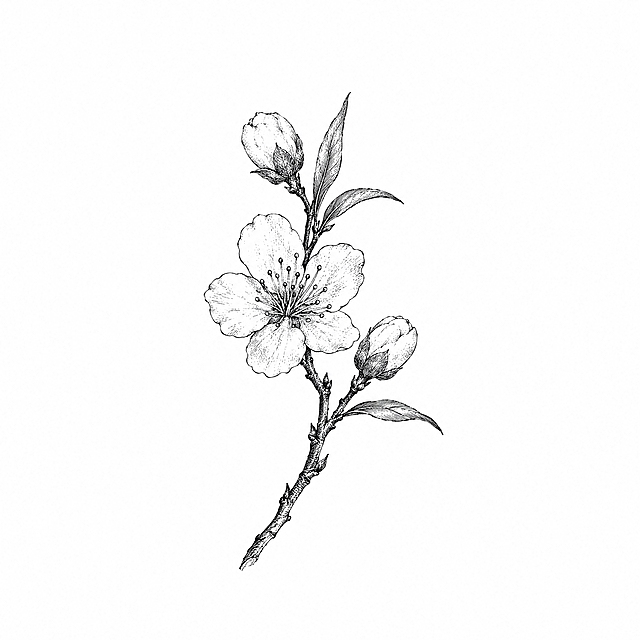 参考图中包装上的黑白铜版画/古典植物雕版线描风格，重新绘制一幅【桃花】的简笔画：极简风格，仅一花两蕾配两三片细叶，线条轻盈雅致、排线克制，大面积留白，纯白背景，黑白色调，无任何文字，适合作为包装面板插画