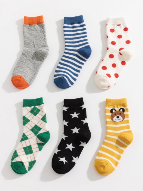 六双不同设计的袜子系列素材集合，保持高清晰产品摄影风格，纯白纯色背景，每双袜子均为针织质感，展现自然的褶皱与立体感，光线明亮柔和，阴影清晰自然。六双袜子规整排布成两行三列，每双袜子设计完全不同：第一双为灰色主体配橙色罗口与袜头袜跟；第二双为蓝色条纹图案；第三双为白色底红色波点；第四双为绿色菱形花纹；第五双为黑色星星图案；第六双为黄色条纹与卡通动物头像组合。所有袜子保持统一的拍摄角度与光影效果，……预览效果