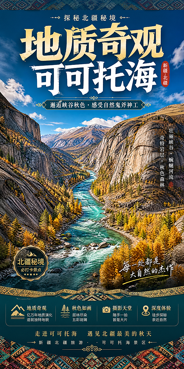 新疆北疆旅游直式海报，设计参考示例版式，运用新疆特色浓郁色彩，展示可可托海景点峡谷风光，中文文案，适合FB平台推广，标题'地质奇观 可可托海'