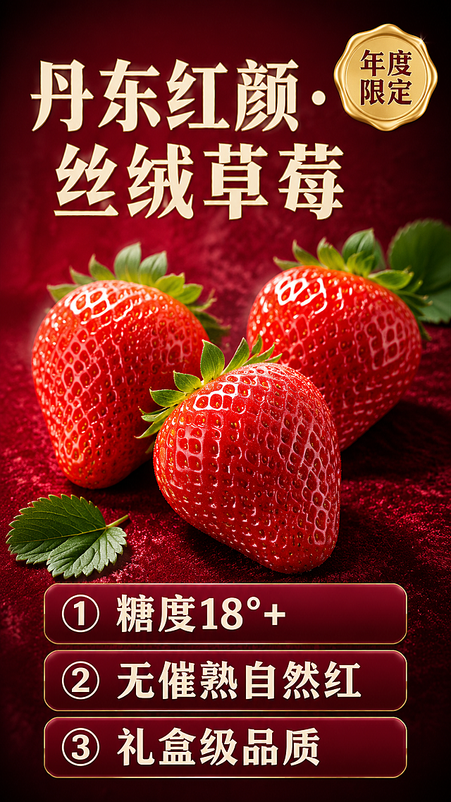电商直播商品信息贴片，竖版圆角卡片，电影级氛围感设计：1. 背景：深玫红色渐变，带细微的丝绒肌理质感，边缘做柔焦暗角，营造高级氛围感；2. 顶部：大号加粗奶白色字体写「丹东红颜·丝绒草莓」，字体带极浅的金粉描边，右上角搭配烫金异形标贴，写「年度限定」；3. 中间：特写镜头，3颗完整的红颜草莓，果型周正饱满，颜色是浓郁的正红色，带着新鲜的绿叶果蒂，表面有自然的果霜，在柔和的顶光下泛着细腻的光泽，旁边散落一两片绿叶点缀；4. 下方：3个深酒红色圆角矩形卖点条，奶白色加粗字体，从上到下依次写：① 糖度18°+ ② 无催熟自然红 ③ 礼盒级品质；整体质感高级，光影细腻，色彩浓郁有食欲，适配高端直播间，字大清晰，无多余元素