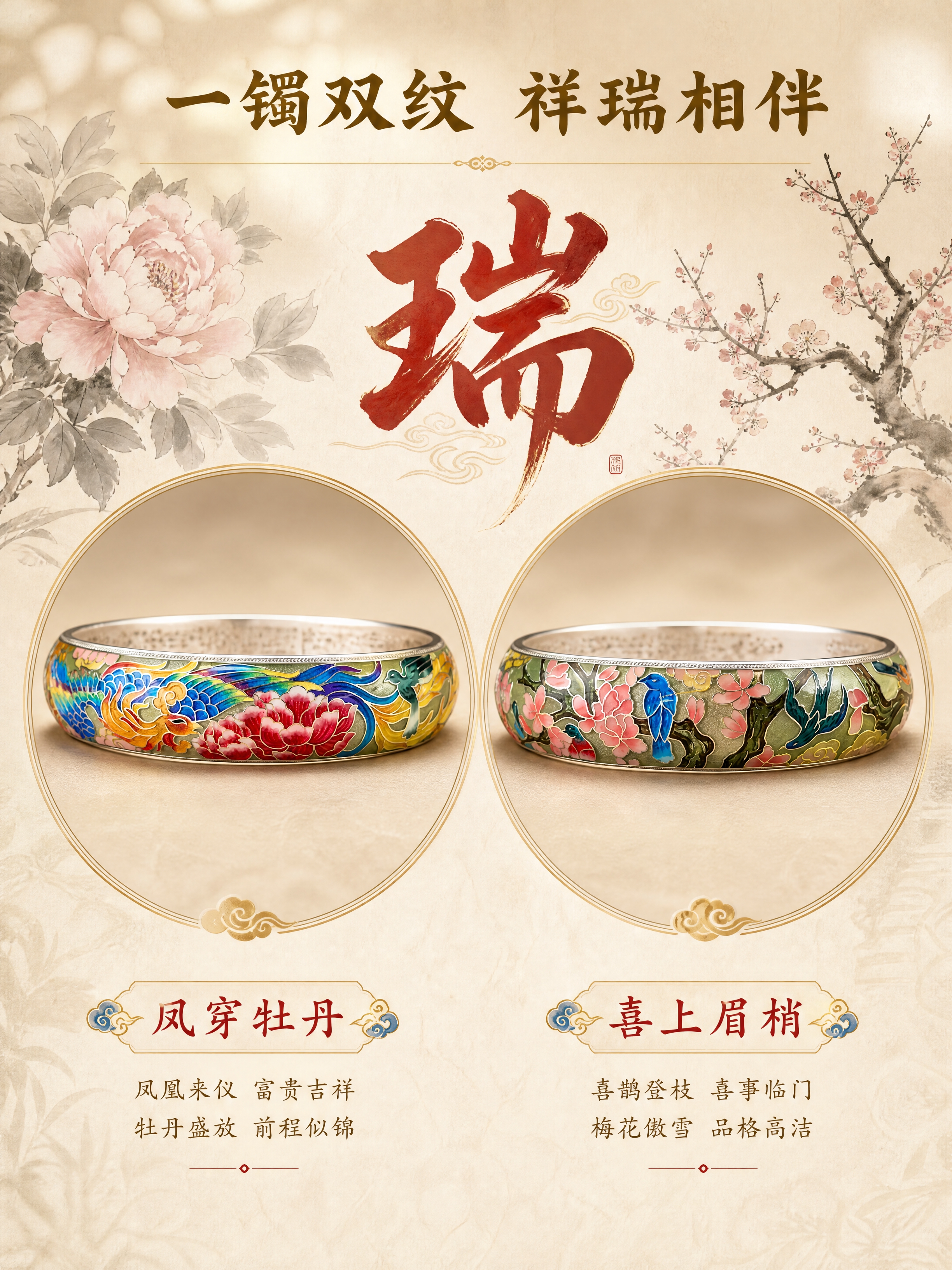 [商品] 使用【图1】凤穿牡丹纹与【图2】喜上眉梢纹珐琅彩足银… - 图片创意预览