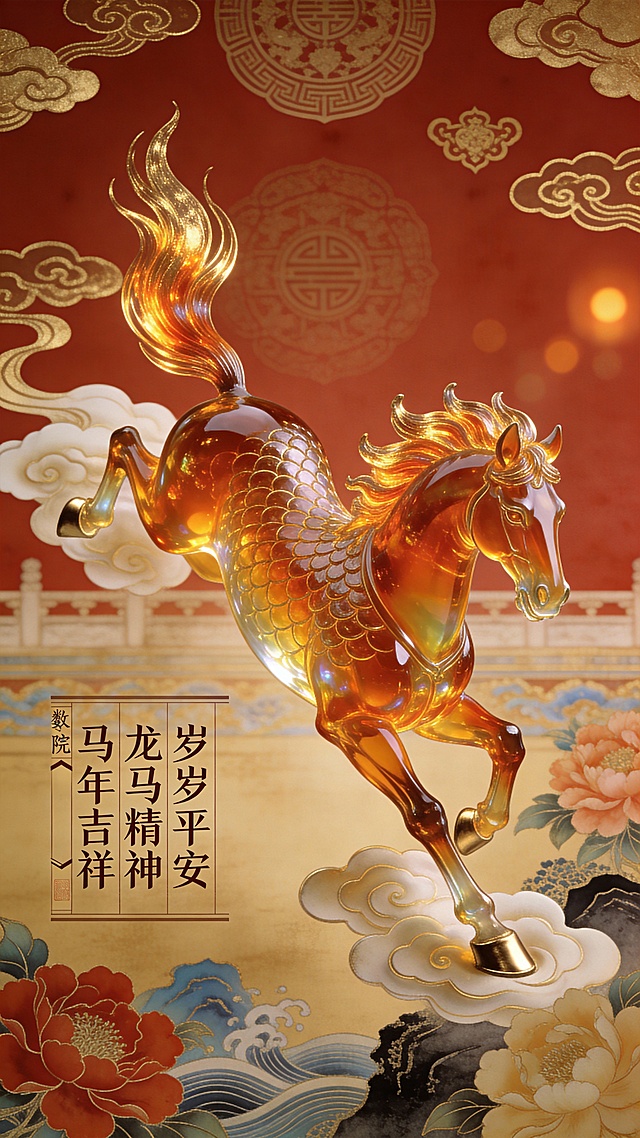 国潮风玻璃马，鎏金浮雕质感，融合中式纹样与祥云牡丹，喜庆奢华，寓意马年吉祥、龙马精神，尽显复古唯美感。